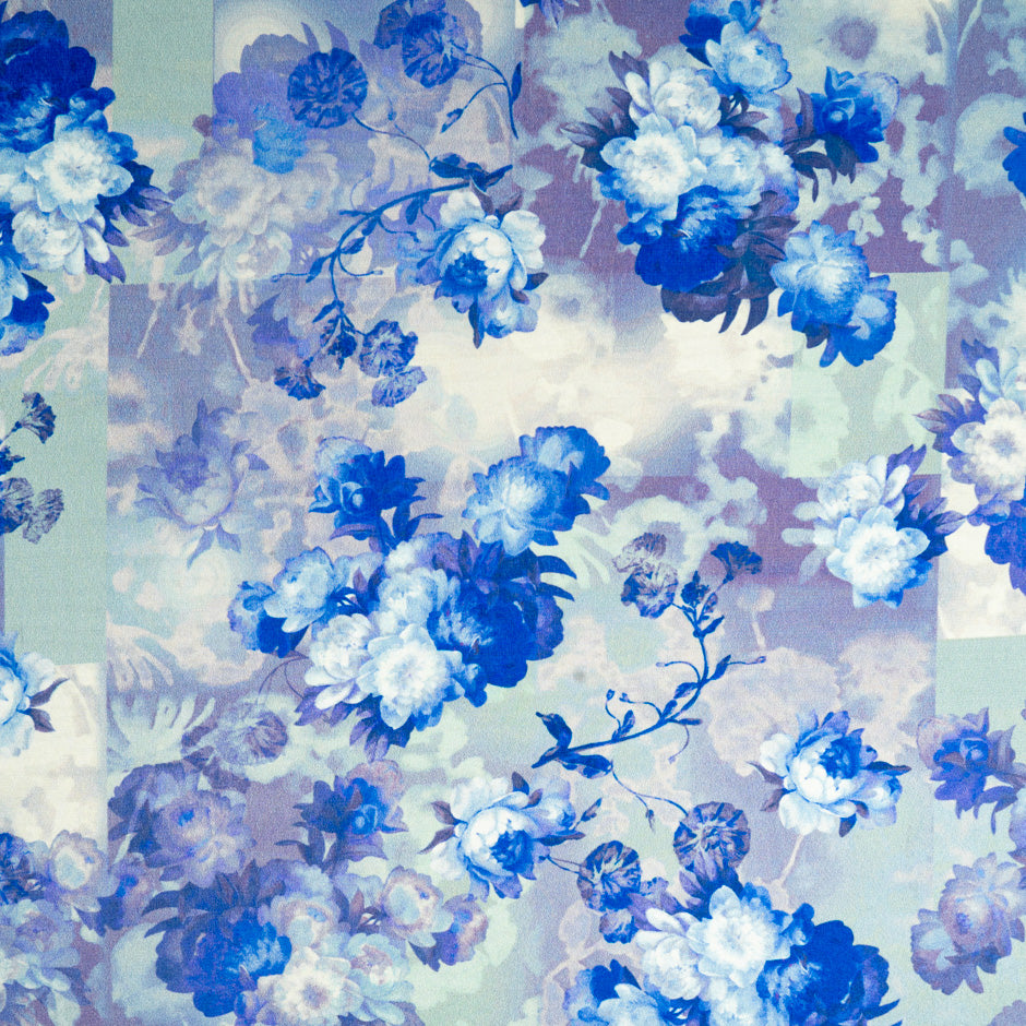 Blue Floral Printed Lavender Crêpe de Chine Silk