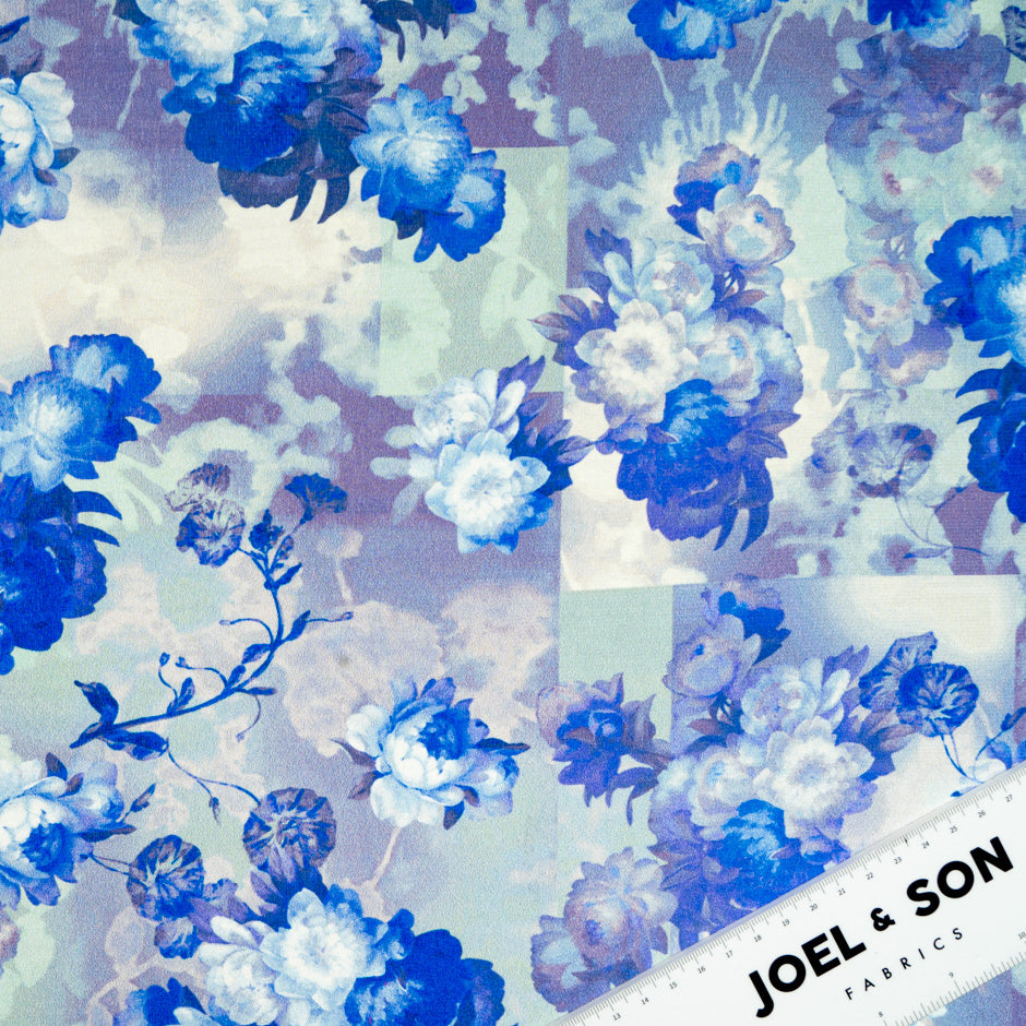 Blue Floral Printed Lavender Crêpe de Chine Silk