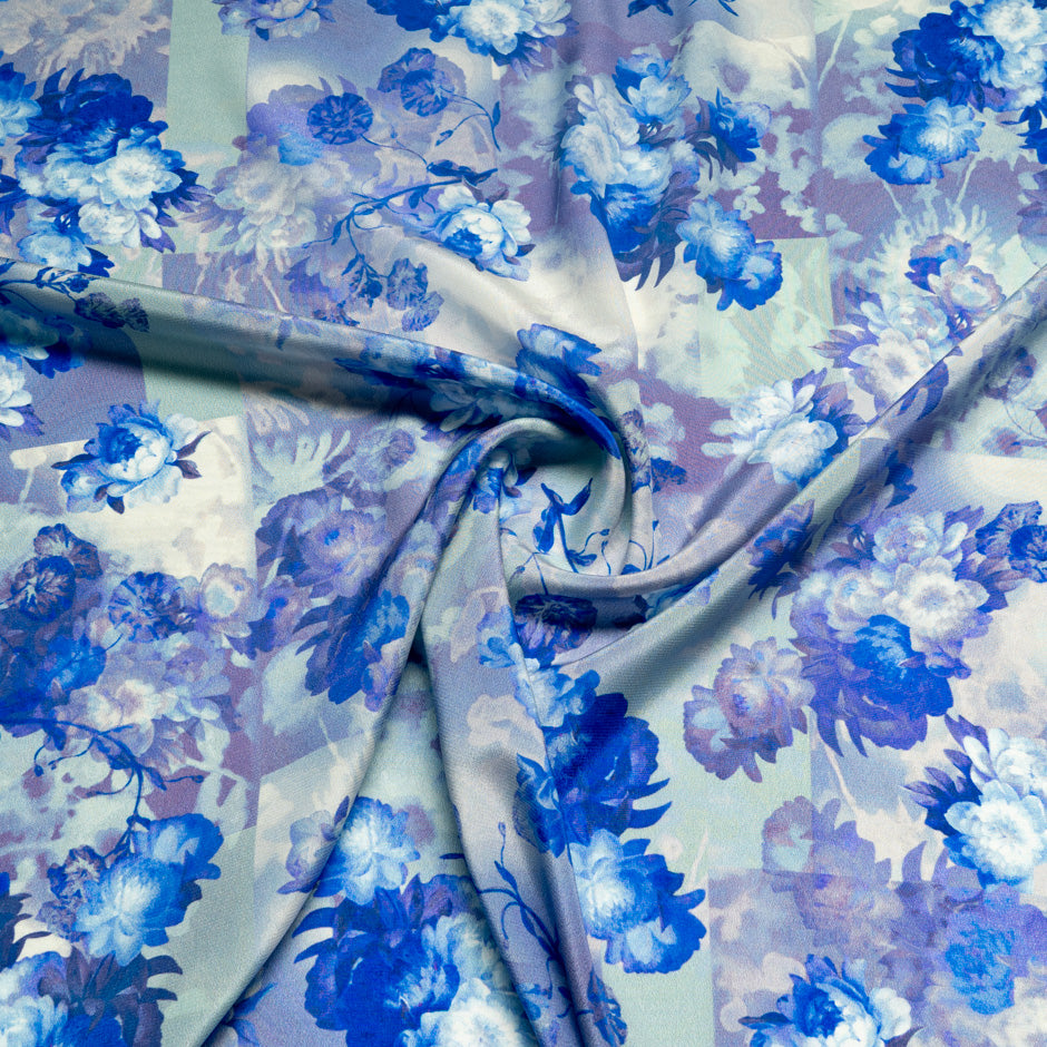 Blue Floral Printed Lavender Crêpe de Chine Silk