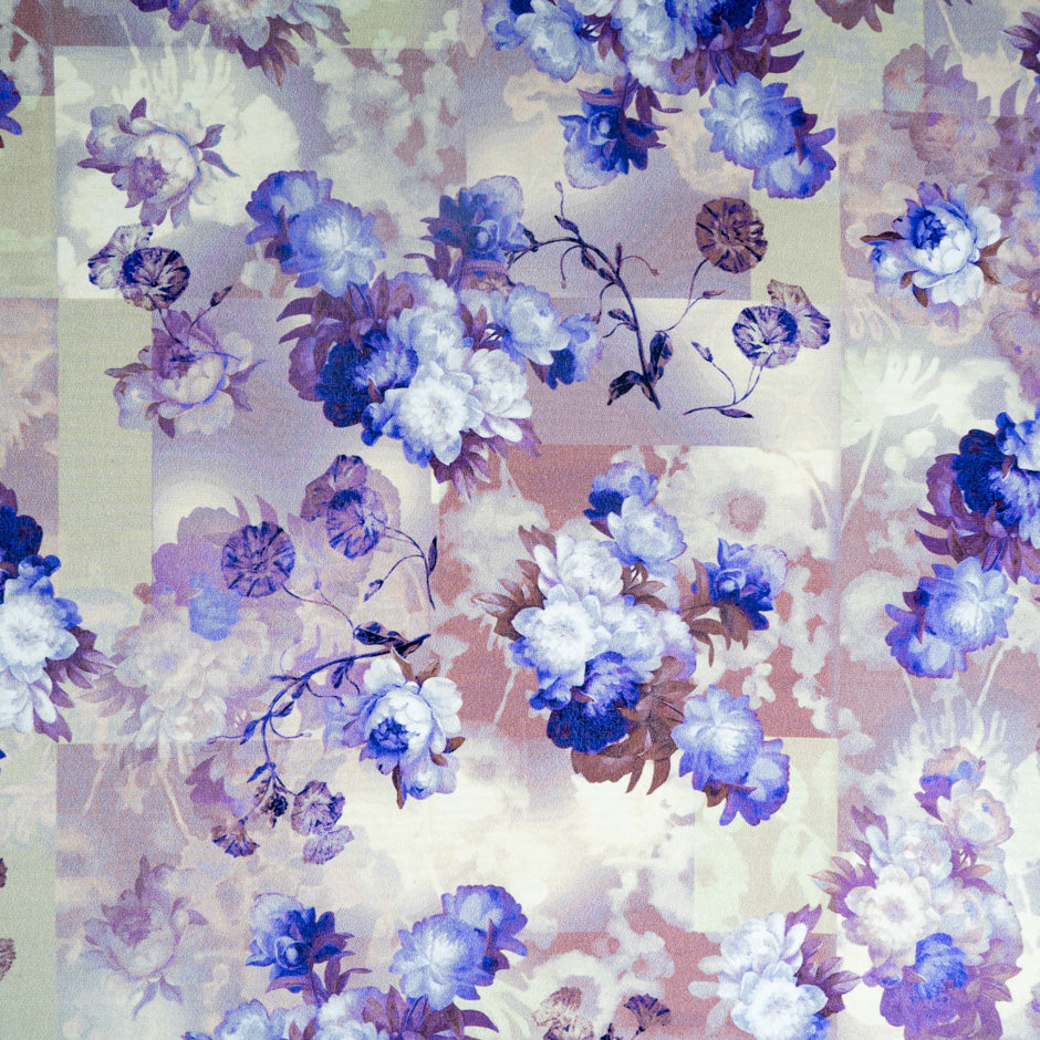 Blue Floral Printed Dusty Pink Crêpe de Chine Silk