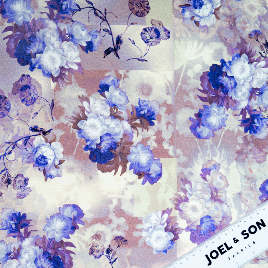 Blue Floral Printed Dusty Pink Crêpe de Chine Silk
