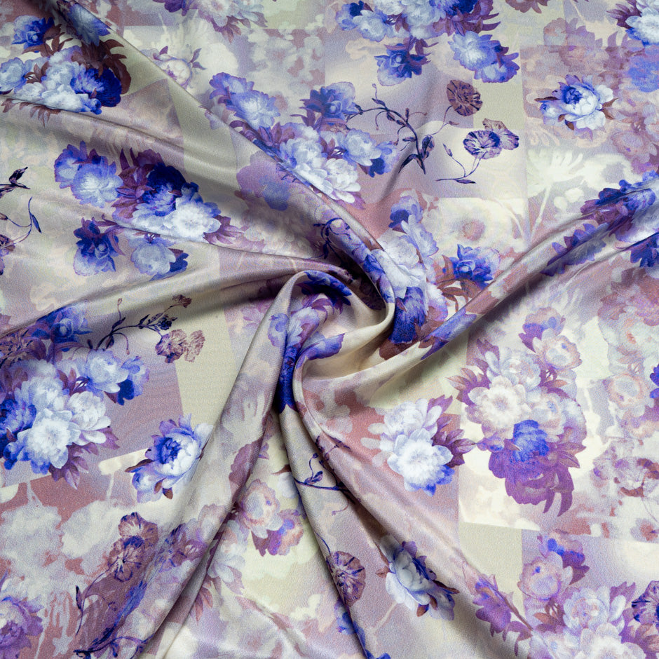 Blue Floral Printed Dusty Pink Crêpe de Chine Silk