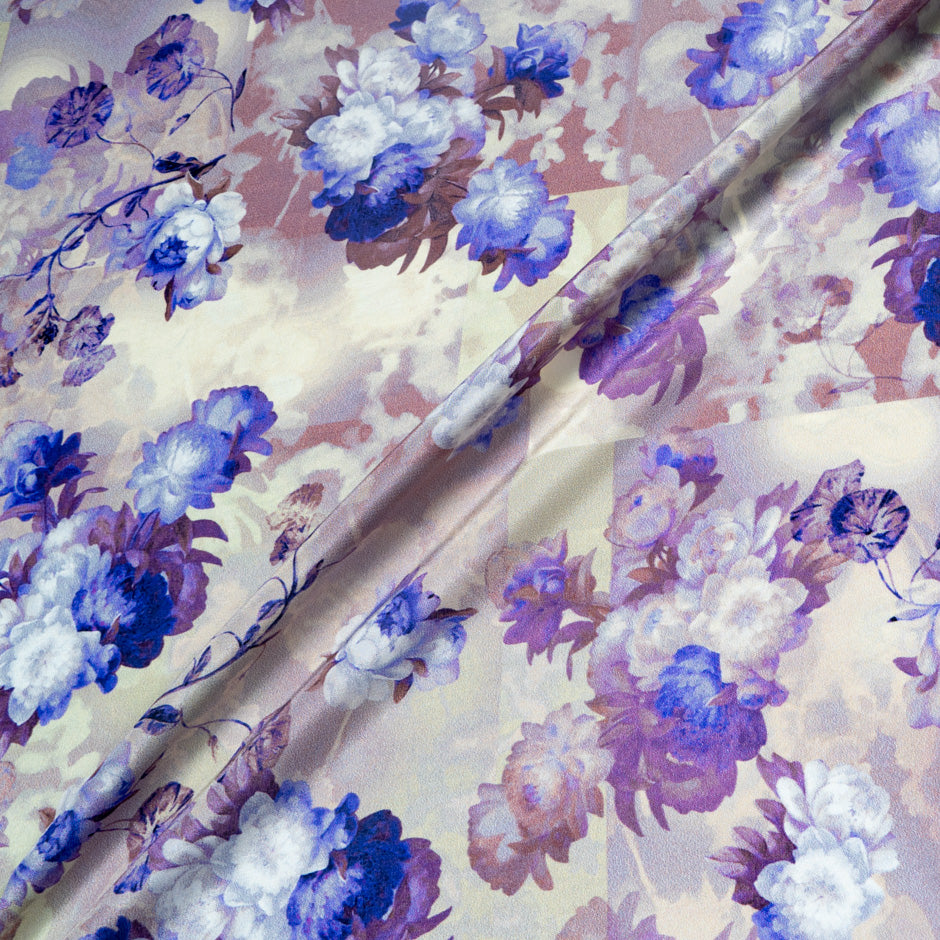 Blue Floral Printed Dusty Pink Crêpe de Chine Silk