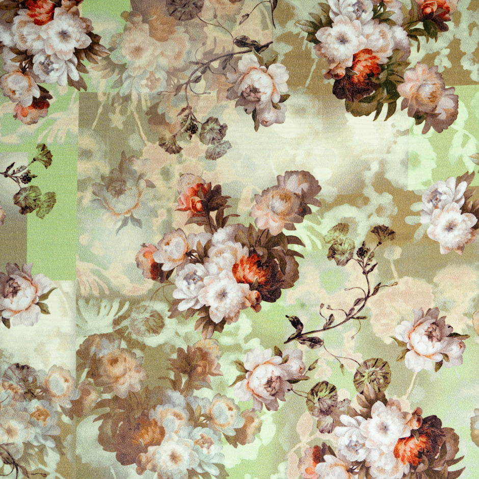 Floral Printed Brown & Green Crêpe de Chine Silk