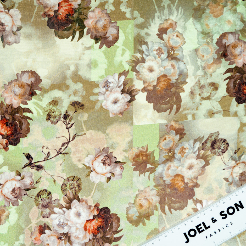 Floral Printed Brown & Green Crêpe de Chine Silk