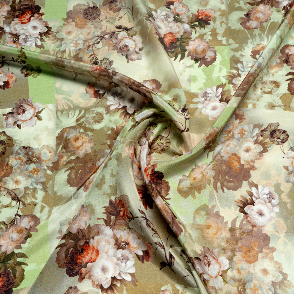Floral Printed Brown & Green Crêpe de Chine Silk