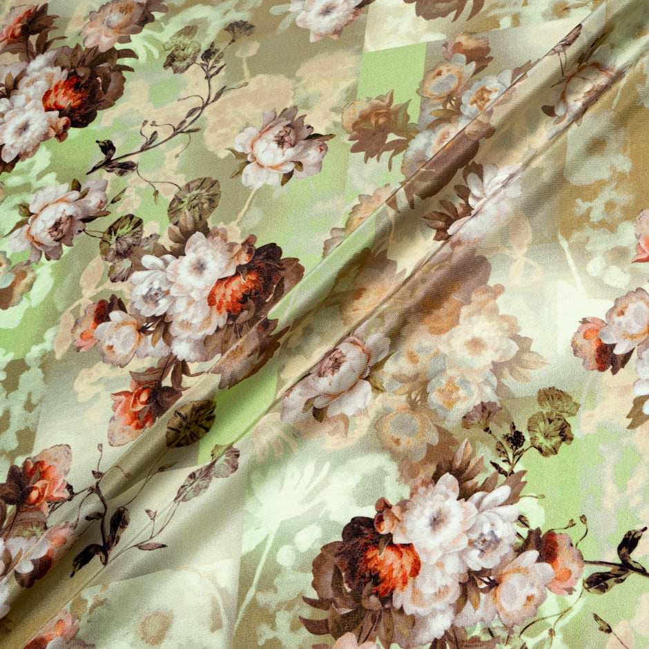 Floral Printed Brown & Green Crêpe de Chine Silk