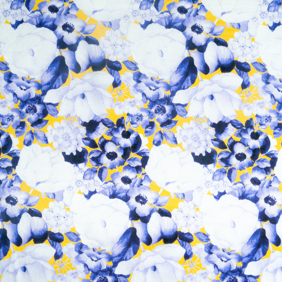 Deep Purple Floral Printed Yellow Pure Habotai Silk