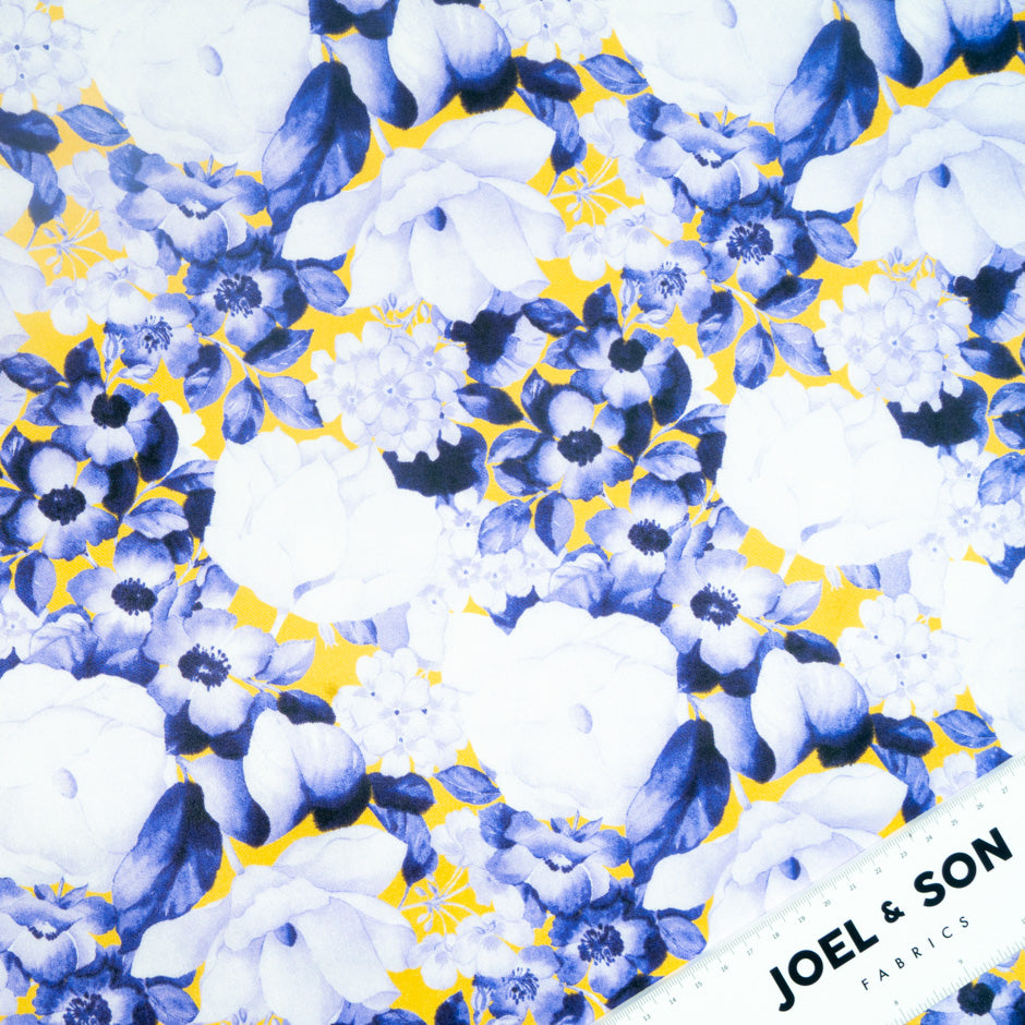 Deep Purple Floral Printed Yellow Pure Habotai Silk