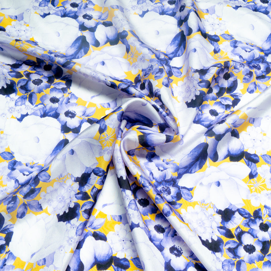 Deep Purple Floral Printed Yellow Pure Habotai Silk
