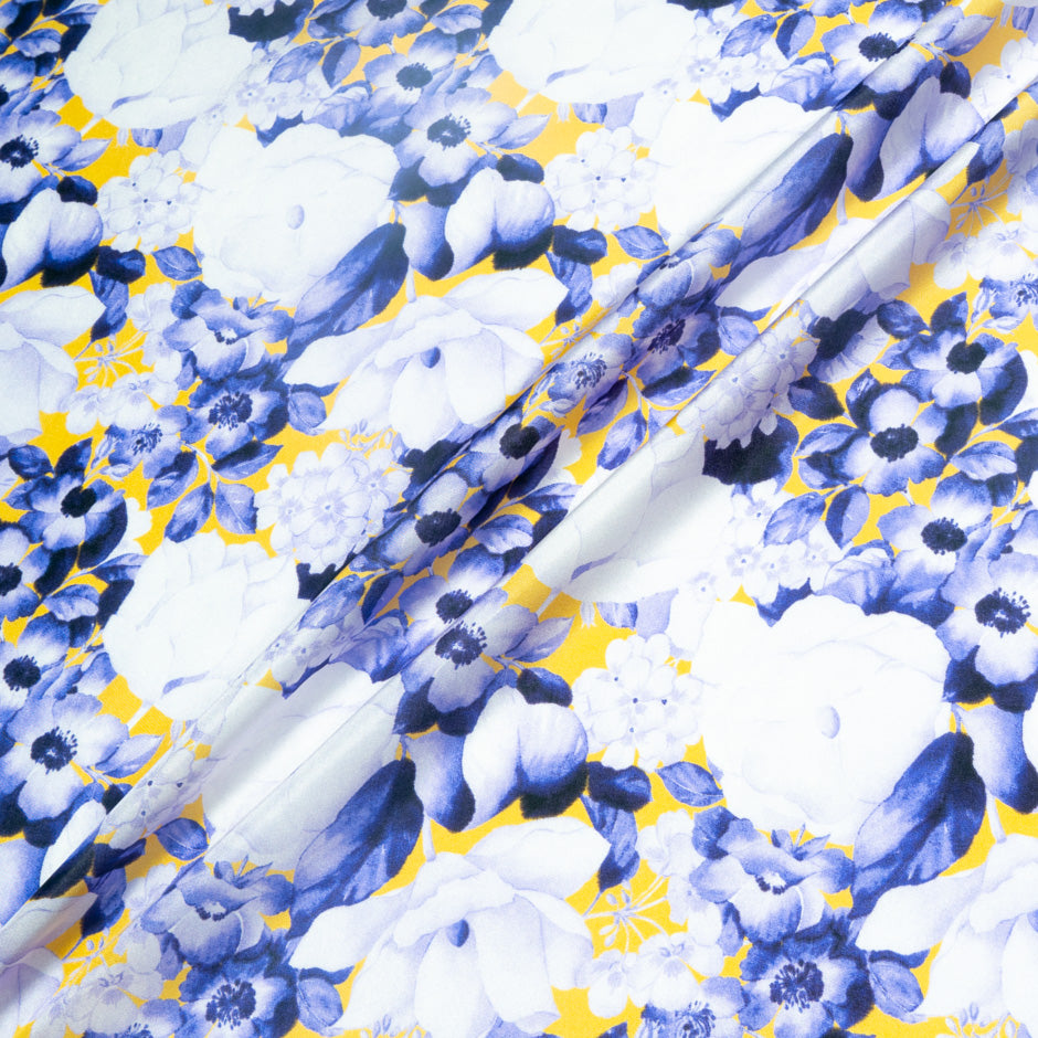 Deep Purple Floral Printed Yellow Pure Habotai Silk