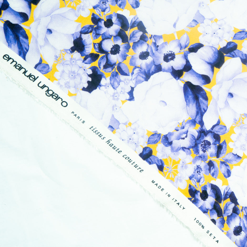Deep Purple Floral Printed Yellow Pure Habotai Silk