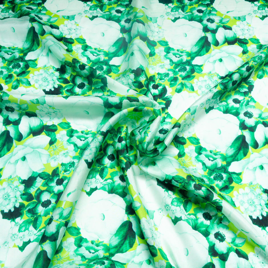 Green Floral Printed Lime Pure Habotai Silk