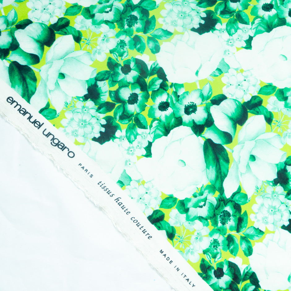 Green Floral Printed Lime Pure Habotai Silk