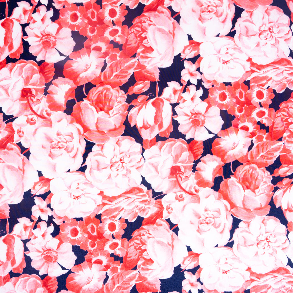 Shaded Red Floral Printed Dark Blue Pure Habotai Silk