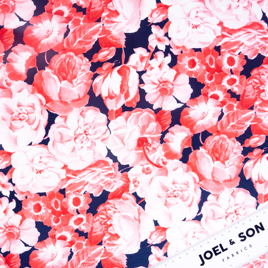 Shaded Red Floral Printed Dark Blue Pure Habotai Silk