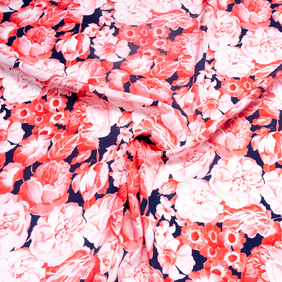 Shaded Red Floral Printed Dark Blue Pure Habotai Silk