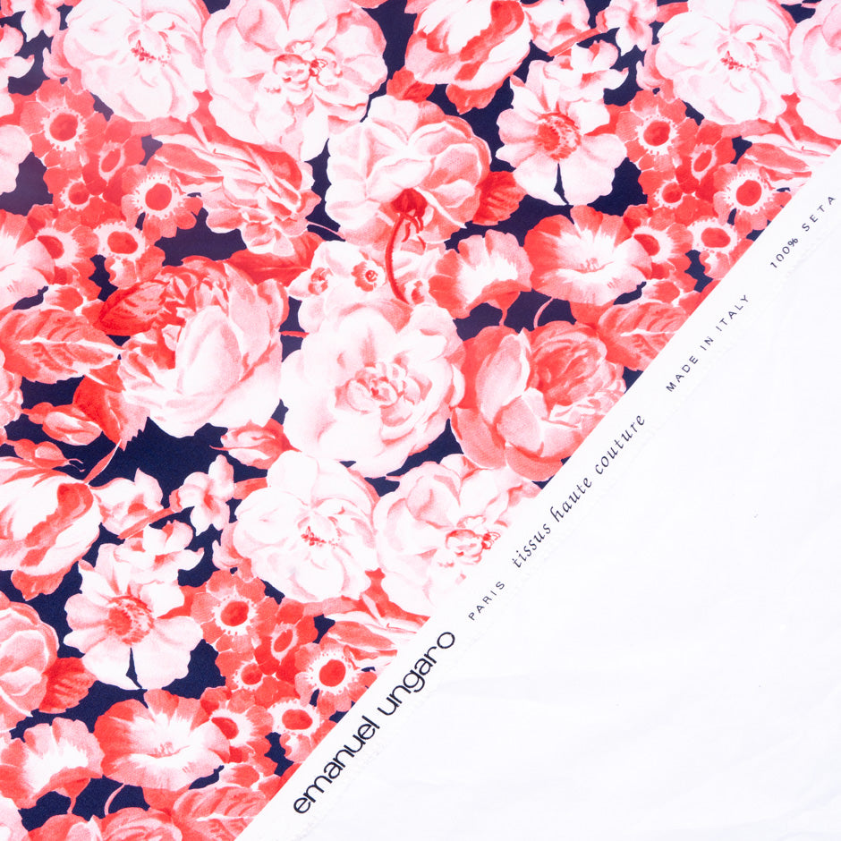 Shaded Red Floral Printed Dark Blue Pure Habotai Silk
