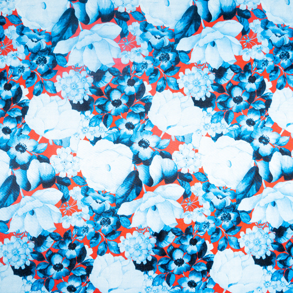 Blue Shaded Floral Printed Red Pure Habotai Silk