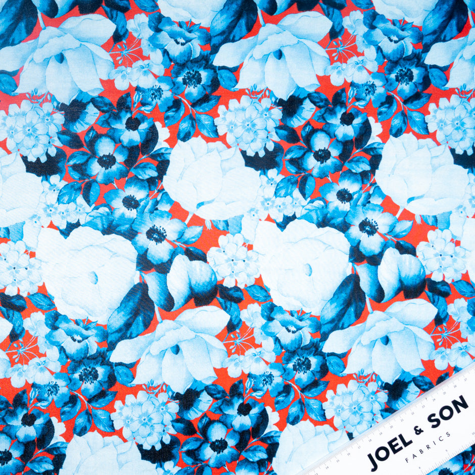 Blue Shaded Floral Printed Red Pure Habotai Silk