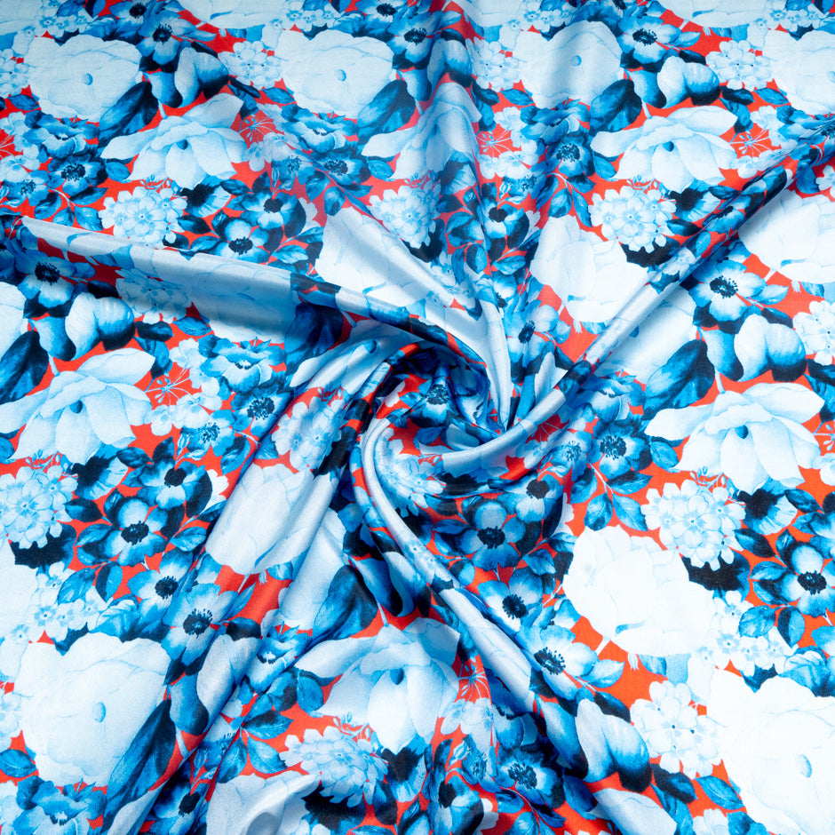 Blue Shaded Floral Printed Red Pure Habotai Silk
