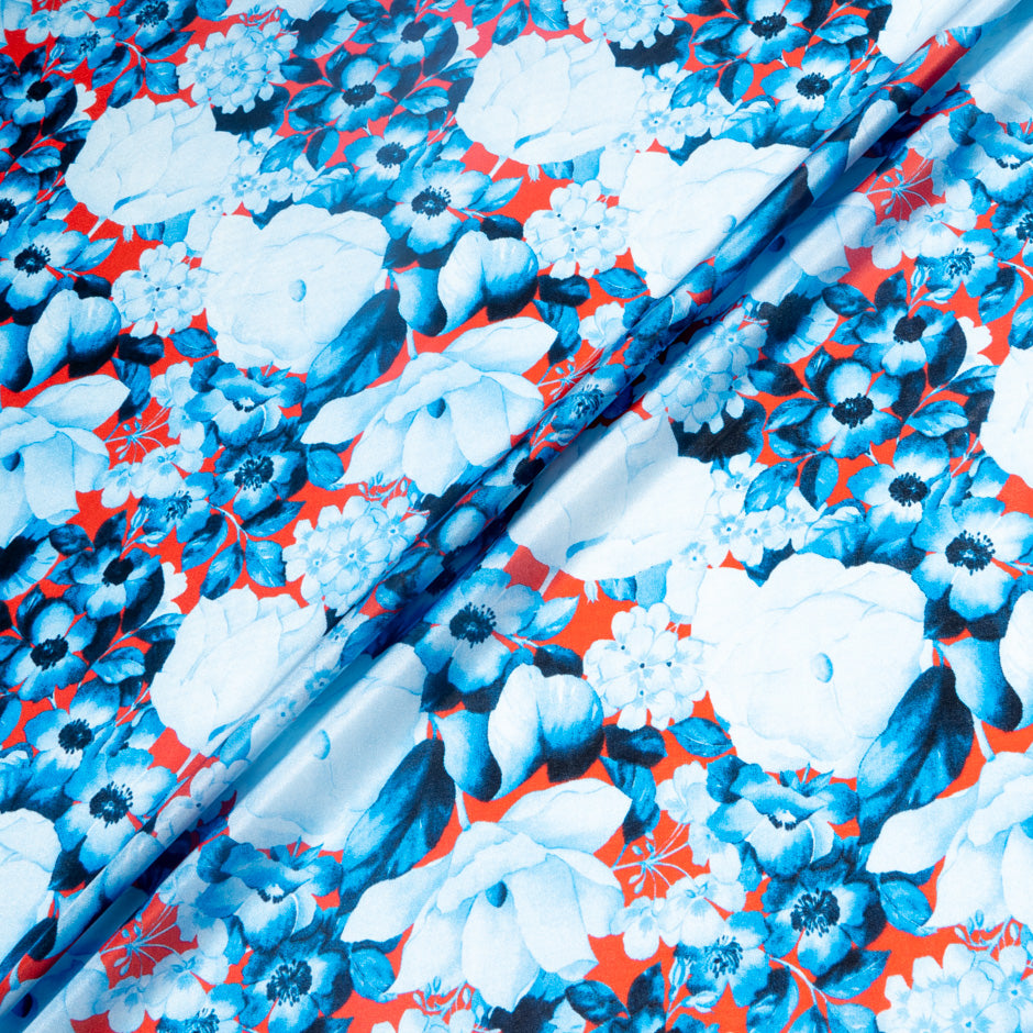 Blue Shaded Floral Printed Red Pure Habotai Silk