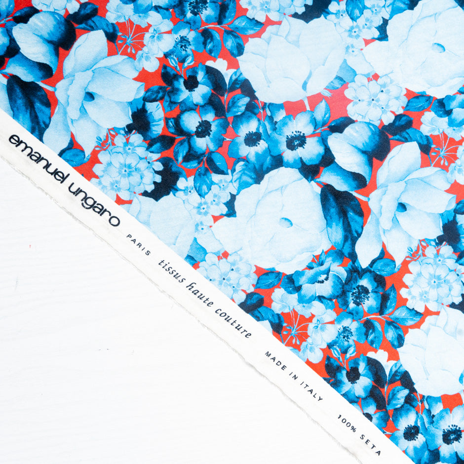 Blue Shaded Floral Printed Red Pure Habotai Silk