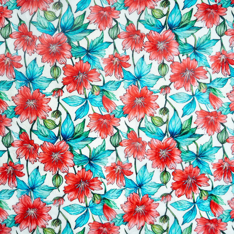 Red & Blue Floral Printed Pure Silk Jacquard