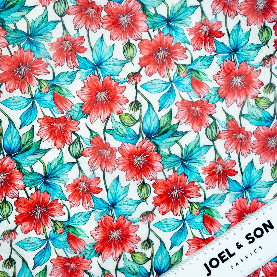 Red & Blue Floral Printed Pure Silk Jacquard