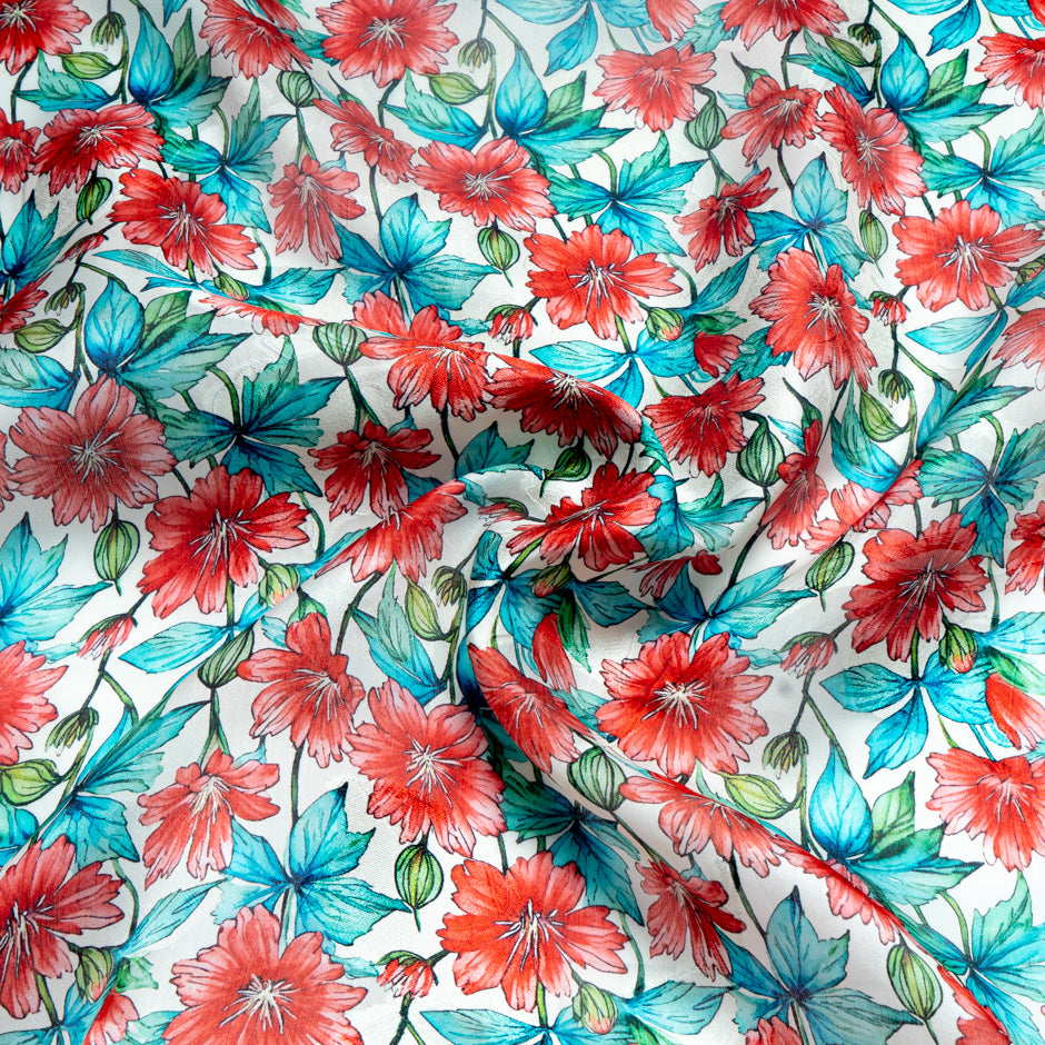 Red & Blue Floral Printed Pure Silk Jacquard