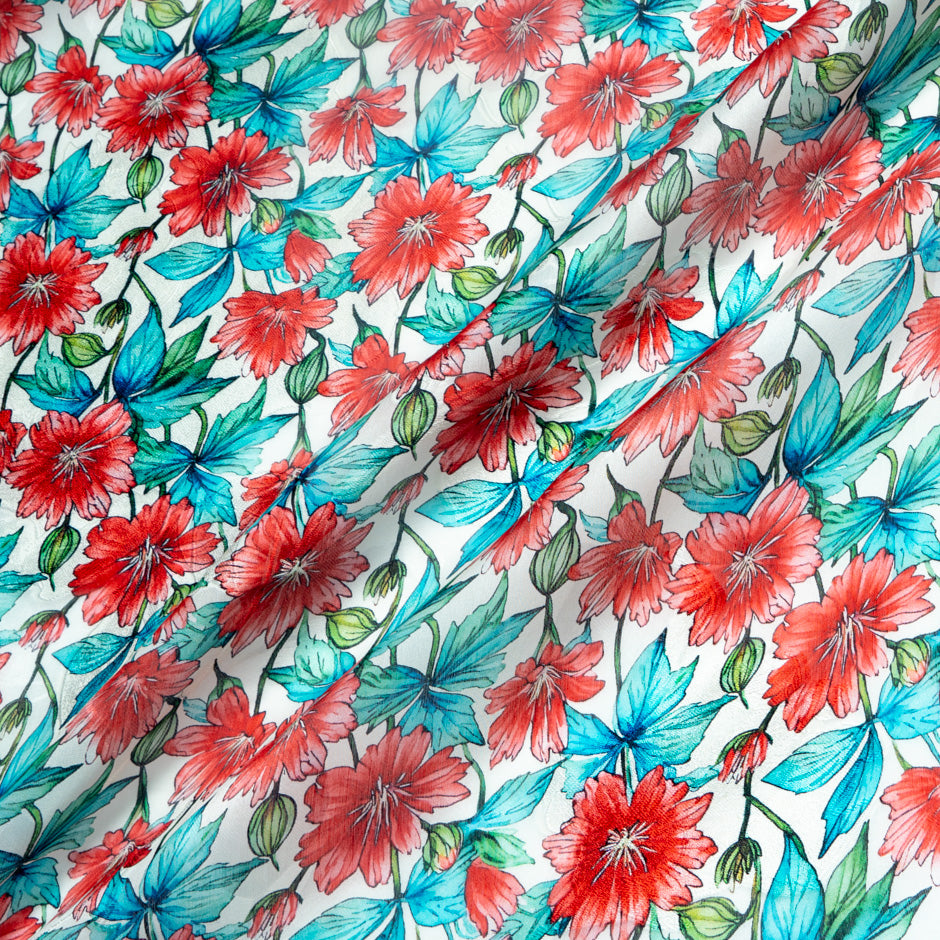 Red & Blue Floral Printed Pure Silk Jacquard