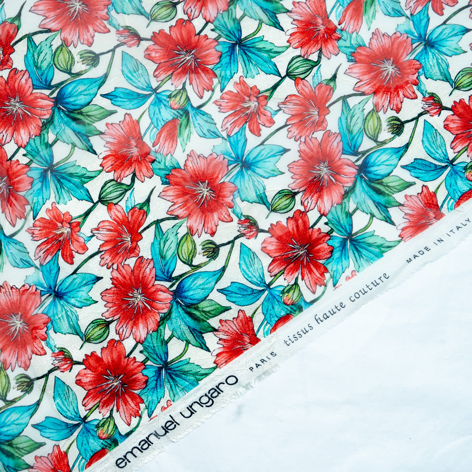 Red & Blue Floral Printed Pure Silk Jacquard