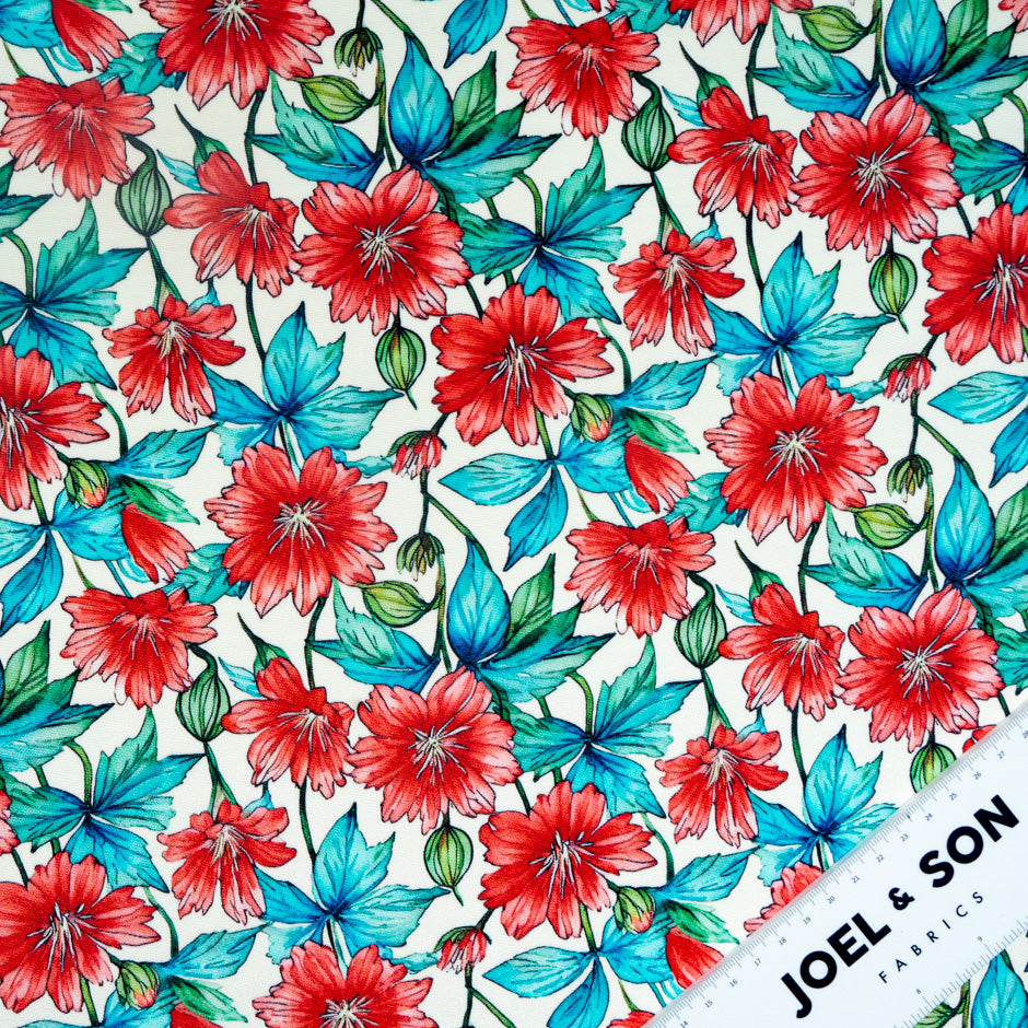 Red & Blue Floral Printed Pure Silk Double Crêpe