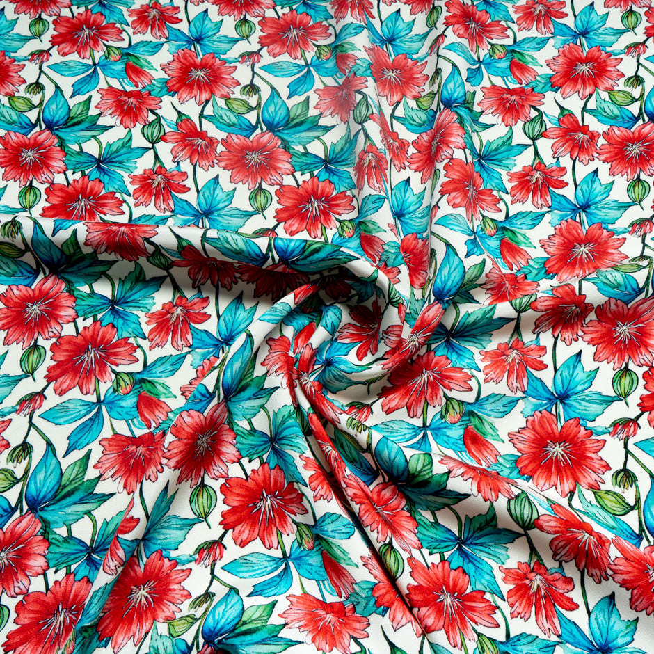 Red & Blue Floral Printed Pure Silk Double Crêpe