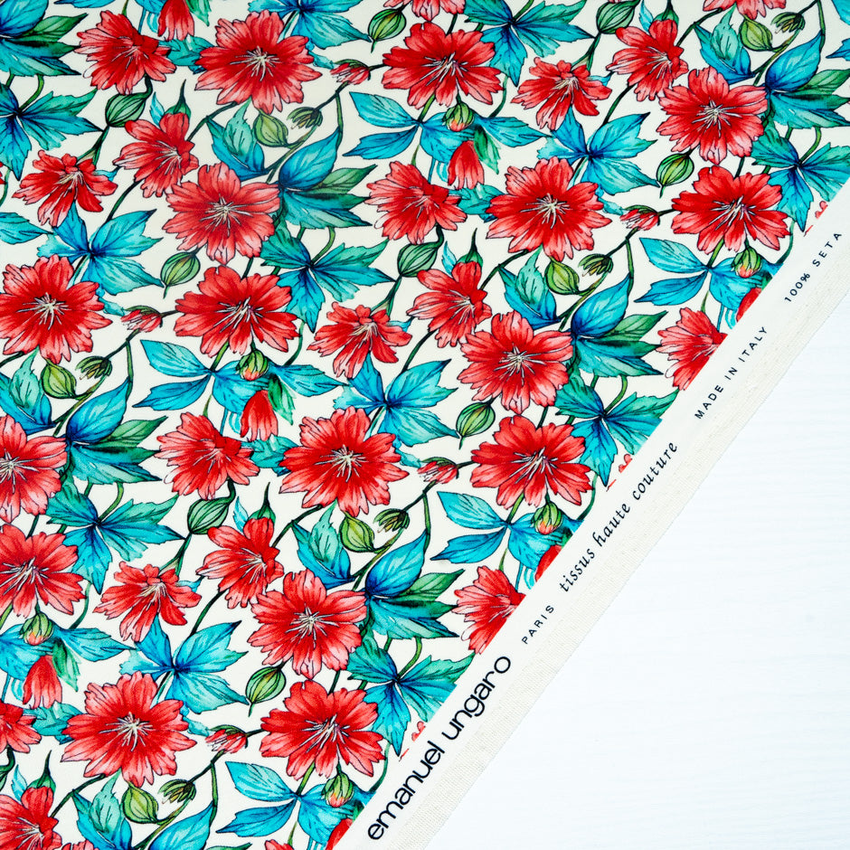 Red & Blue Floral Printed Pure Silk Double Crêpe