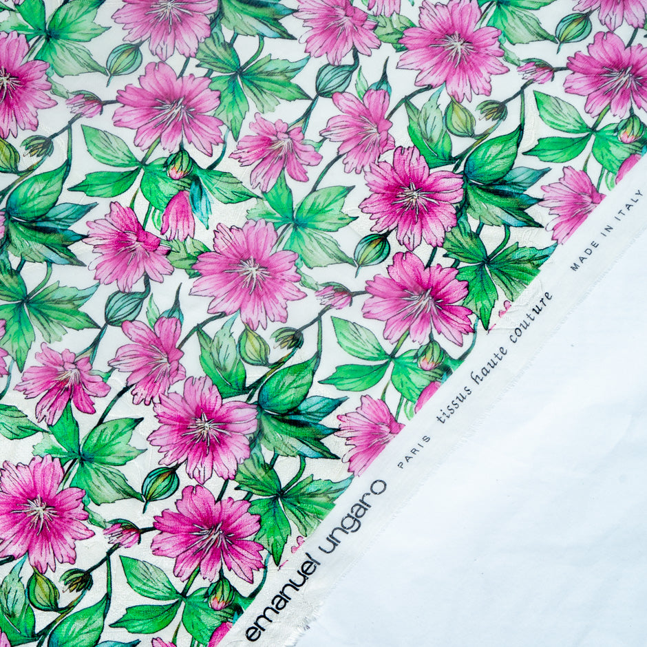 Fuchsia Pink Floral Printed Pure Silk Jacquard