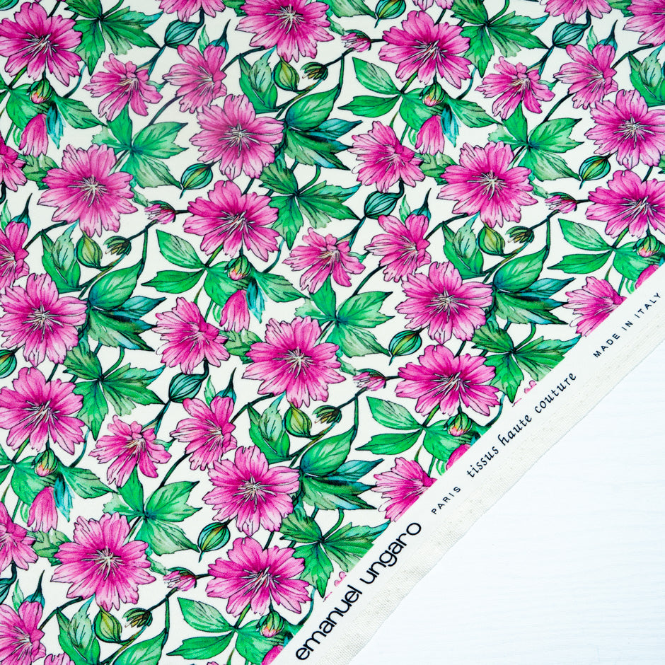 Fuchsia Pink Floral Printed Pure Silk Double Crêpe