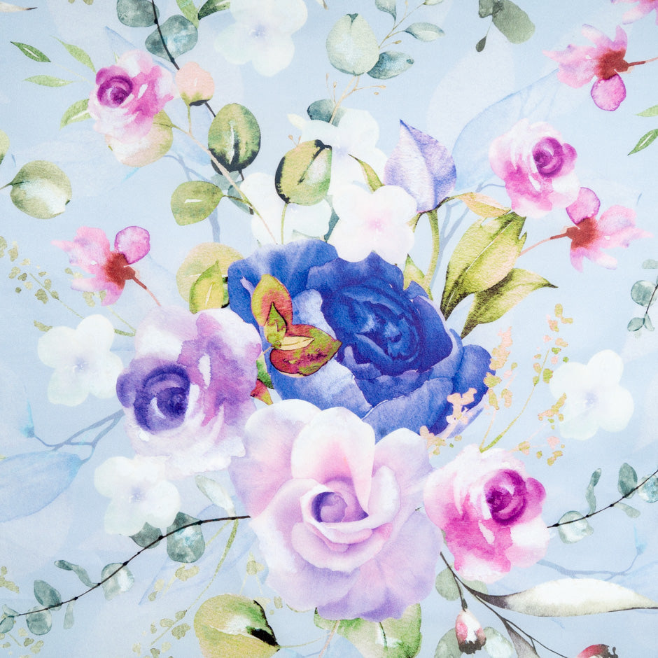 Blue & Pink Rose Printed Double Silk Organza