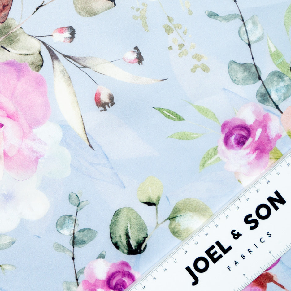 Blue & Pink Rose Printed Double Silk Organza