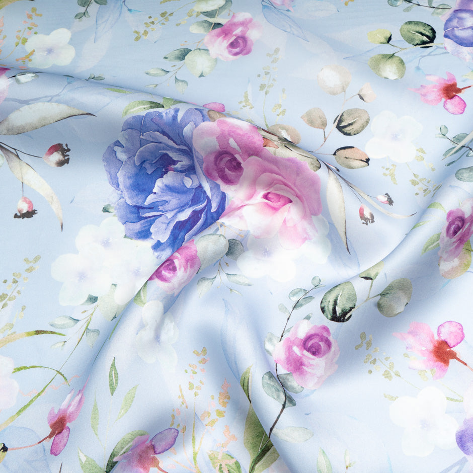 Blue & Pink Rose Printed Double Silk Organza