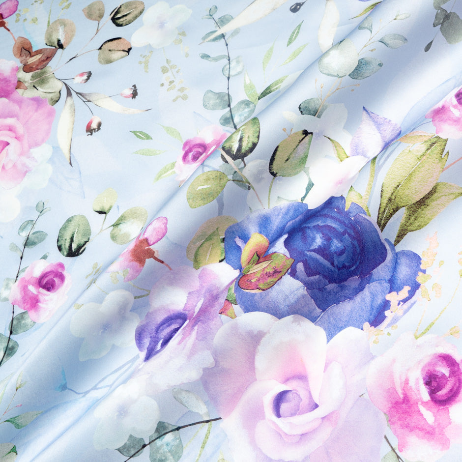 Blue & Pink Rose Printed Double Silk Organza