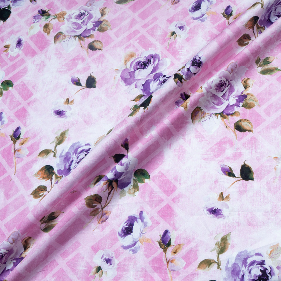 Purple Rose Printed Pink Pure Cotton (A 3m Piece)