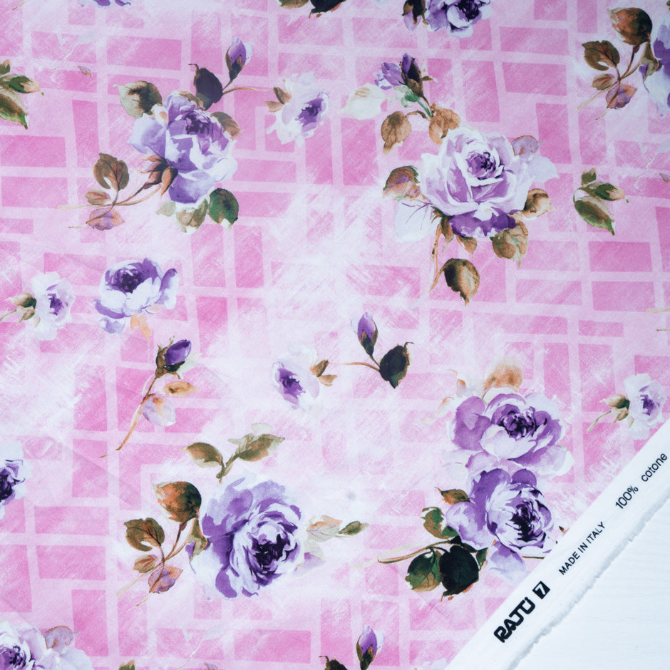 Purple Rose Printed Pink Pure Cotton (A 3m Piece)