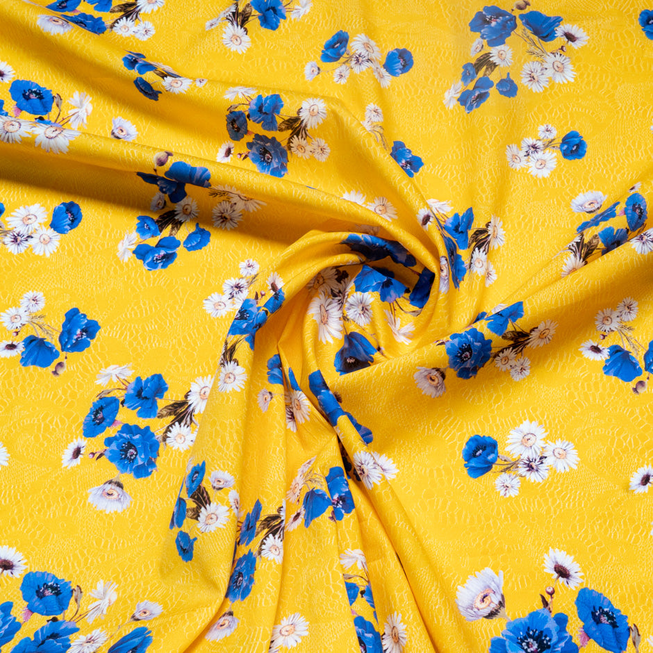 Blue Floral & Yellow Lace Printed Pure Cotton