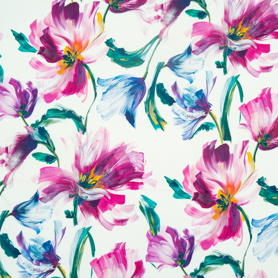 Pink & Blue Abstract Floral Printed Silk Marocain Crêpe