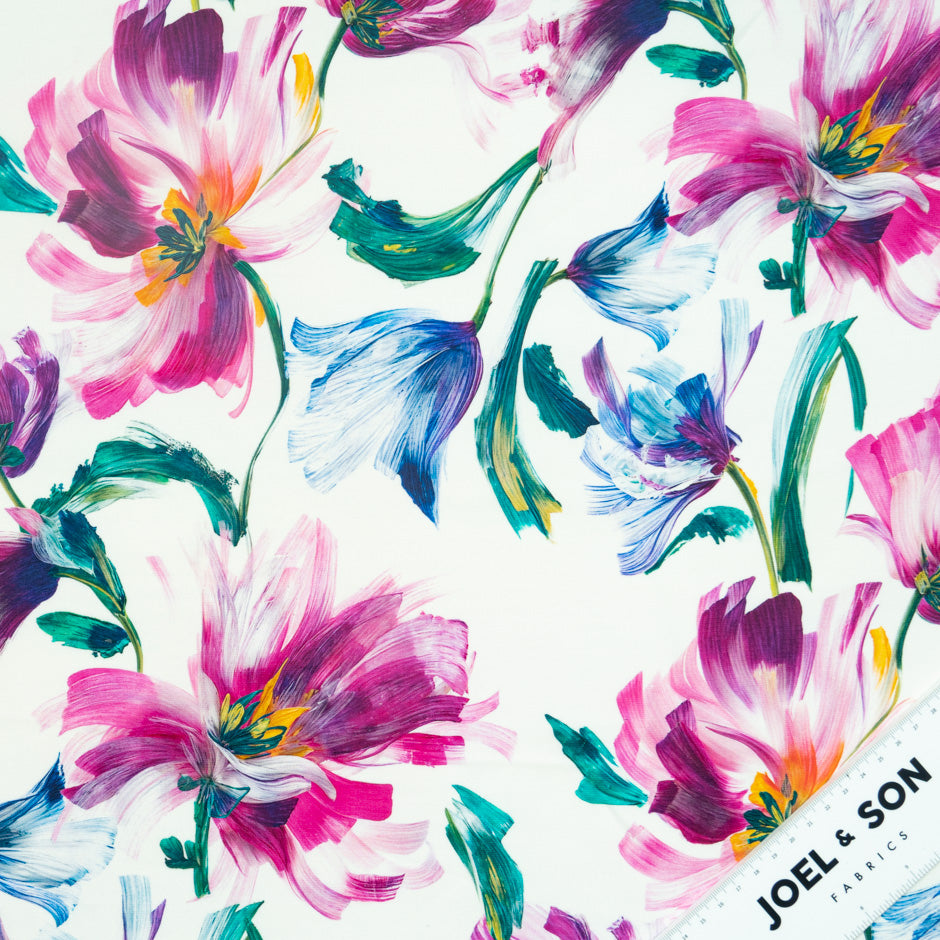 Pink & Blue Abstract Floral Printed Silk Marocain Crêpe