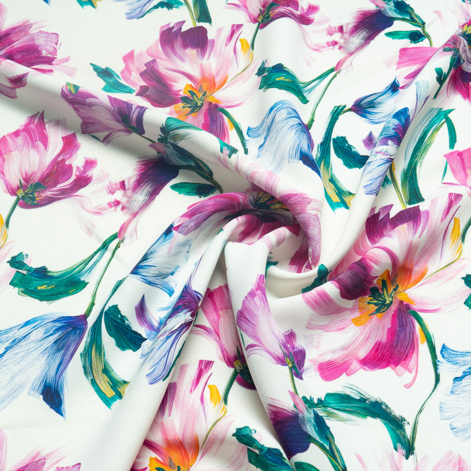 Pink & Blue Abstract Floral Printed Silk Marocain Crêpe