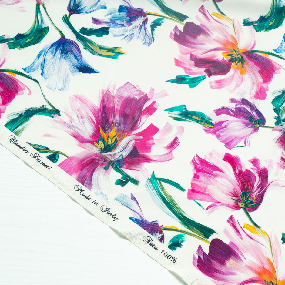 Pink & Blue Abstract Floral Printed Silk Marocain Crêpe