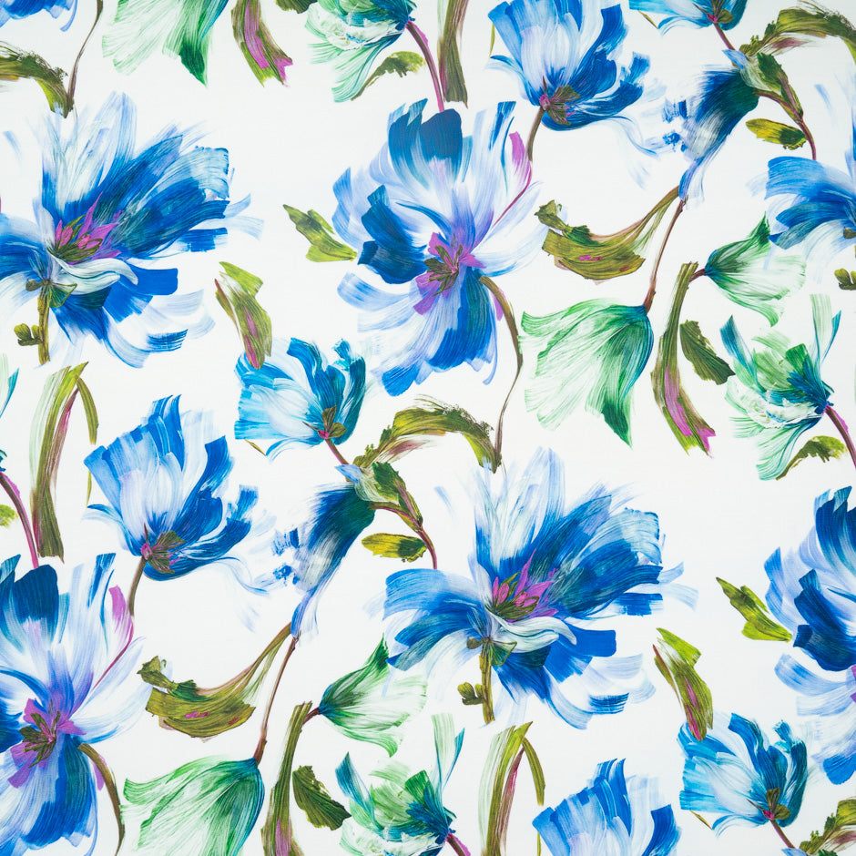 Blue Abstract Floral Printed Silk Marocain Crêpe