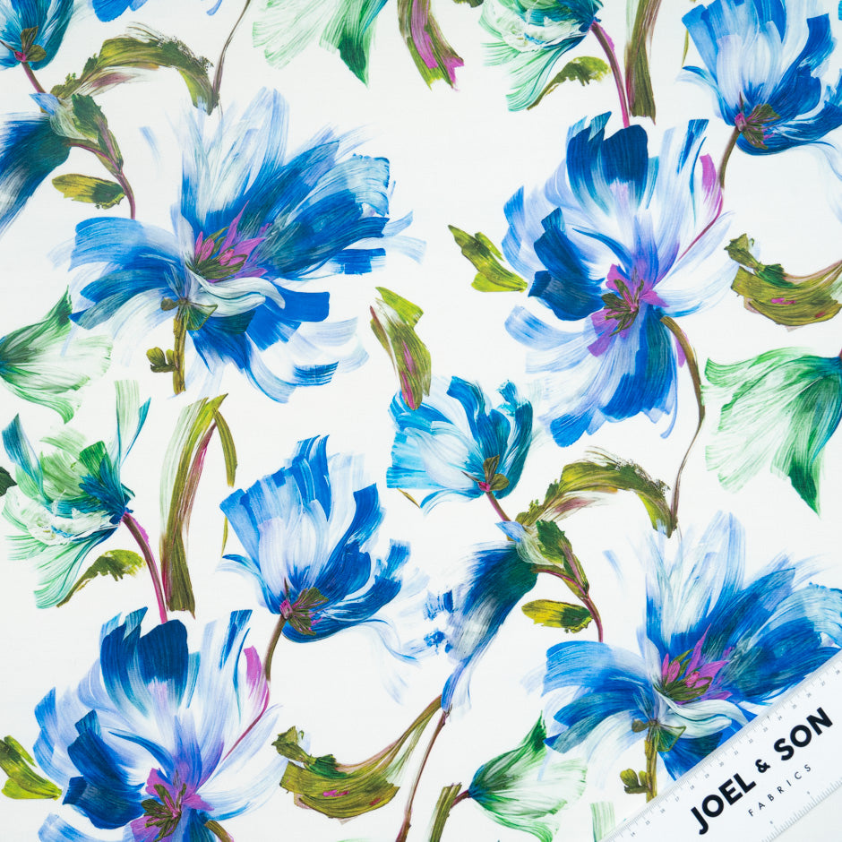 Blue Abstract Floral Printed Silk Marocain Crêpe